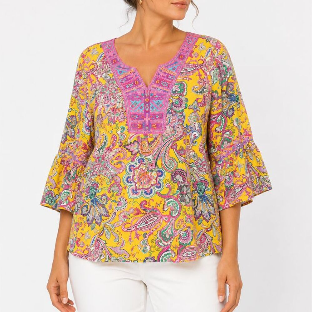 Calessa Women’s 1X Yellow Paisley Tunic Top Embroidered Bell Sleeve Boho Rayon